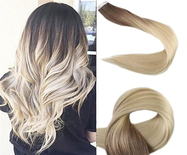 Nastro per estensioni dei capelli umani Balayage in Ombre da marrone scuro a castano chiaro e candeggina Bionda Nastro su capelli Remy Lisci 100 g 40 pezzi5537978