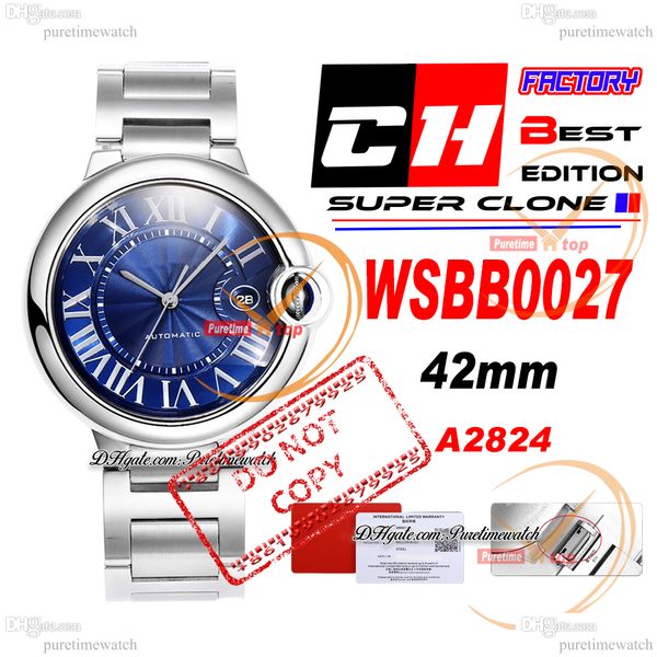 CHF WSBB0027 A2824 Relógio masculino automático 42 mm com mostrador de textura azul pulseira de aço inoxidável Melhor edição 36 mm 33 mm Relógios femininos de quartzo suíço 26 estilos Puretime A03