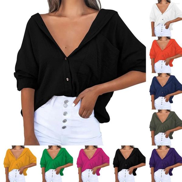 Blusas femininas mulheres caídas ombro sexy camisas cor sólida profundo decote em v cardigan blusa com bolsos botão para baixo senhora do escritório topos
