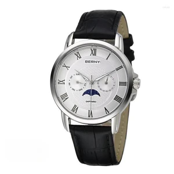 Armbanduhren Berny Herrenuhren Quarz Saphirglas Tag-Datum Mondphasenskala Multifunktions-Zifferblatt Business-Armbanduhr Luxusuhr