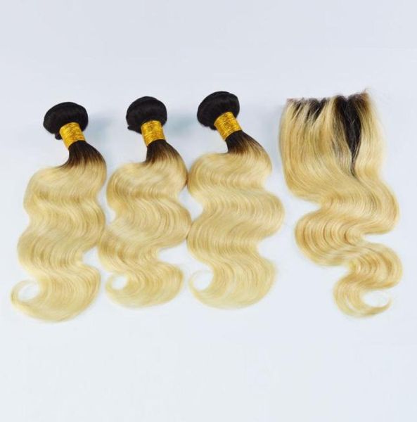 Ombre loira brasileira virgem cabelo humano tece 1b 613 com fechamento superior 4pc cabelo weft1pc fechamento de renda com pacotes corpo wave4531096