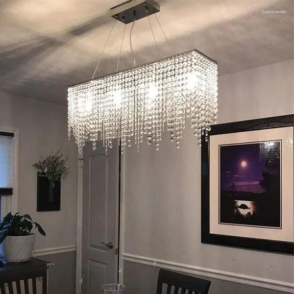 Lustres retângulo claro lustre de cristal cromo sala jantar pendurar lâmpada foyer quarto luminárias e27 lâmpada aço inoxidável