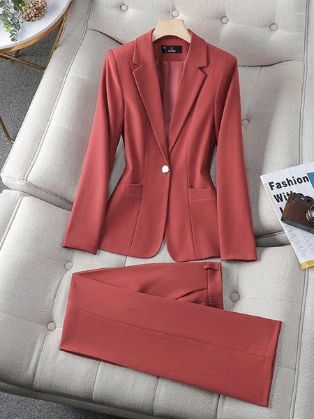 Damen Zweiteilige Hosenanzüge für Frauen Mantel Büro Damen Elegant Single Button Blazer 2024 Frühling Langarm Feste Freizeithose