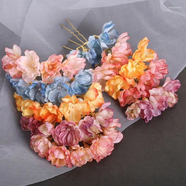 Fermagli per capelli 2 pezzi Bastoncini di fiori artificiali Festa di nozze Donna Forchette in tessuto a forma di U Ornamento floreale per tornante