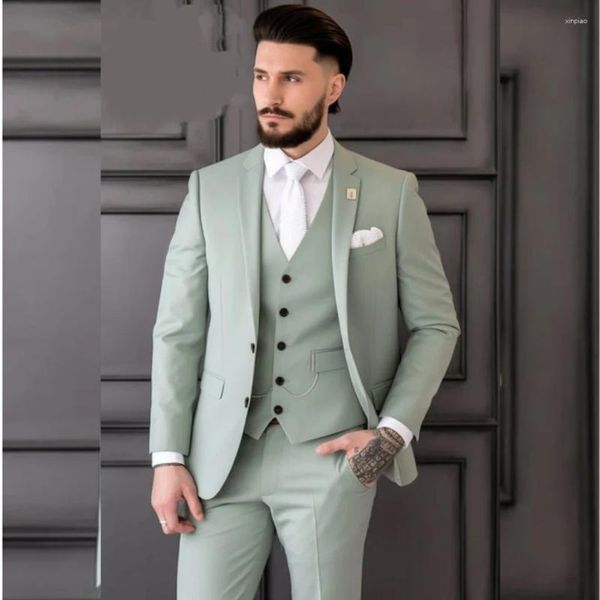 Abiti da uomo STEVDITG Chic Verde menta Set completo Risvolto con risvolto Monopetto Piatto Lunghezza regolare Moda Uomo 3 pezzi Giacca Pantaloni Gilet