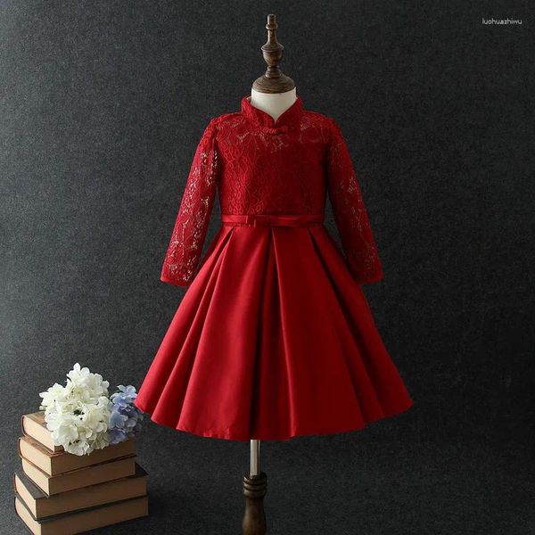 Abiti per ragazze Abito rosso per ragazze Elegante manica intera Fiore di Natale Vestido Princesa 3 4 6 8 10 12 anni Vestiti 185011