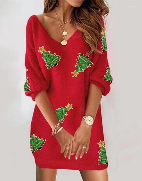 Sıradan Elbiseler Kadınlar İçin Noel 2024 Sonbahar Moda V Yastık Sequin Tree Desen Bulanık Mini Gevşek Elbise Sokak Giyim