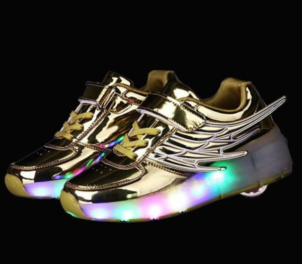 Tênis luminosos crianças tênis brilhantes com rodas crianças patins sapatos led light up sapatos para meninas meninos asa sapatos 201008169977605