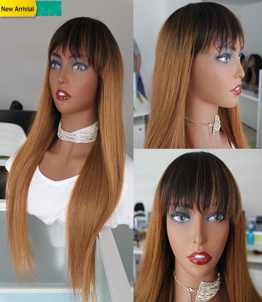 Loira ombre peruca de cabelo humano com franja 1b30 em linha reta malaio remy sem cola perucas para preto feminino colorido não laço trançado longo w3766180