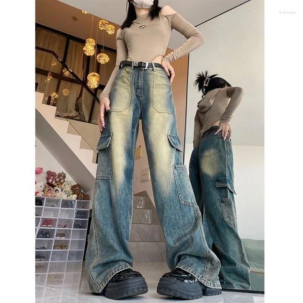 Jeans femininos harajuku rua amarelo lama tingimento design reto cintura alta mulheres y2k nostálgico multi-bolso drape perna larga calças de carga