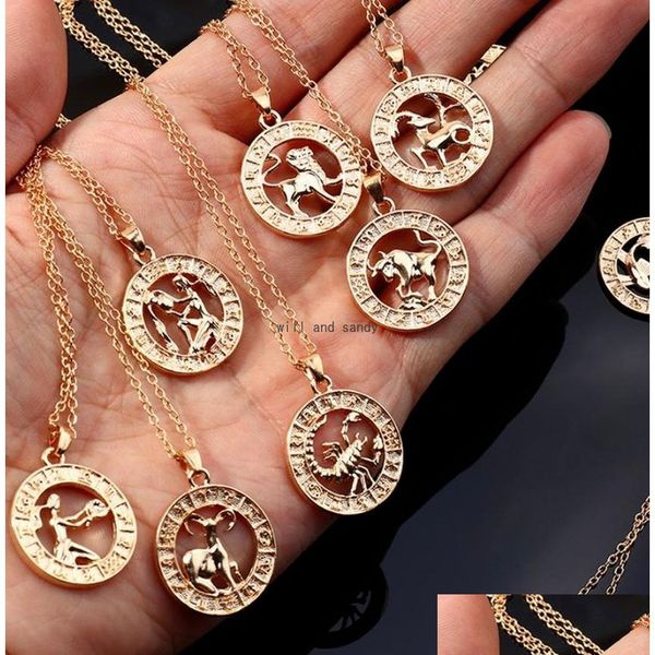 Anhänger Halsketten 12 Sternzeichen Halskette Münze Goldkette Widder Stier Anhänger Charm Star Choker Astrologie Halsketten für Frauen Mode Dh03R