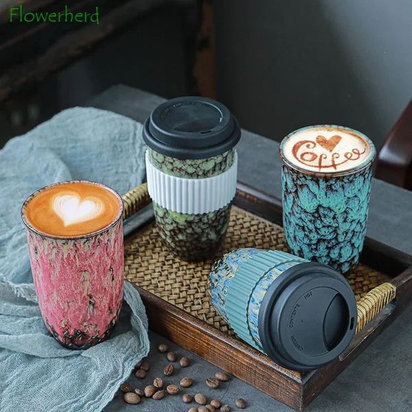 Große Keramik-Kaffeetasse mit Silikondeckel, europäischer Isolierdeckel, Tasse, Tee, Latte, praktisches Wasser, 240102