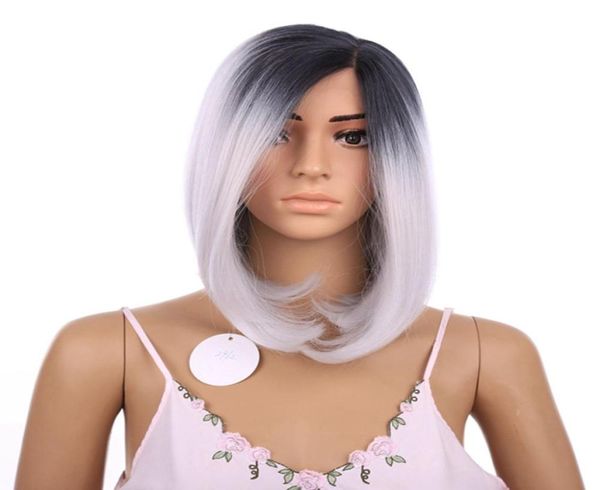 12 inç yok ön dantel peruklar gri ombre saç kesimi düz ısıya dayanıklı glueless yan parça sentetik dantel frontal bob wig6044245