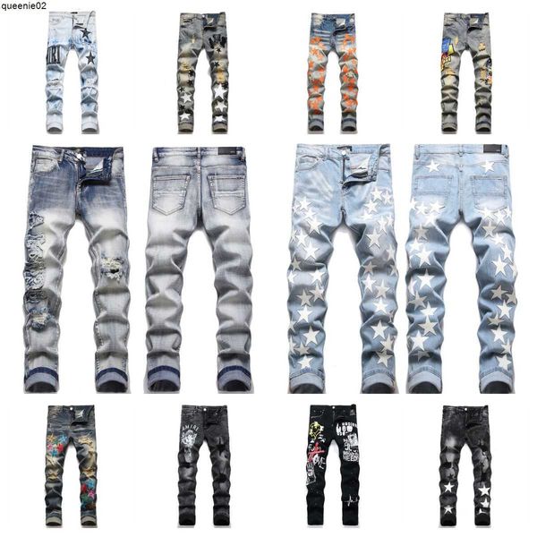 Herren-Jeans, Designer-Jeans Amelis High Street, bestickt, Lila, Damen-Hose, extra groß, offener Denim-Einsatz, Hip Hop, asiatische Größen