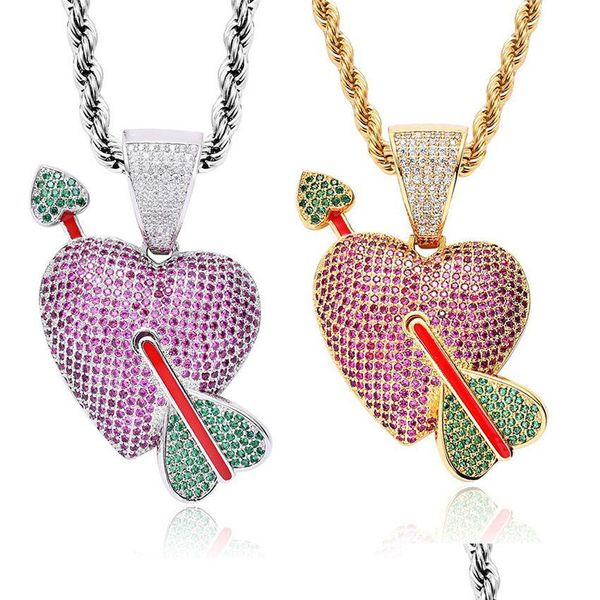 Ожерелья с подвесками из кубического циркония, Стрела с пирсингом в форме сердца, комплект ювелирных изделий, 18-каратное золото, Bling Iced Out Love, подвеска в стиле хип-хоп, женские ожерелья Dhbgy