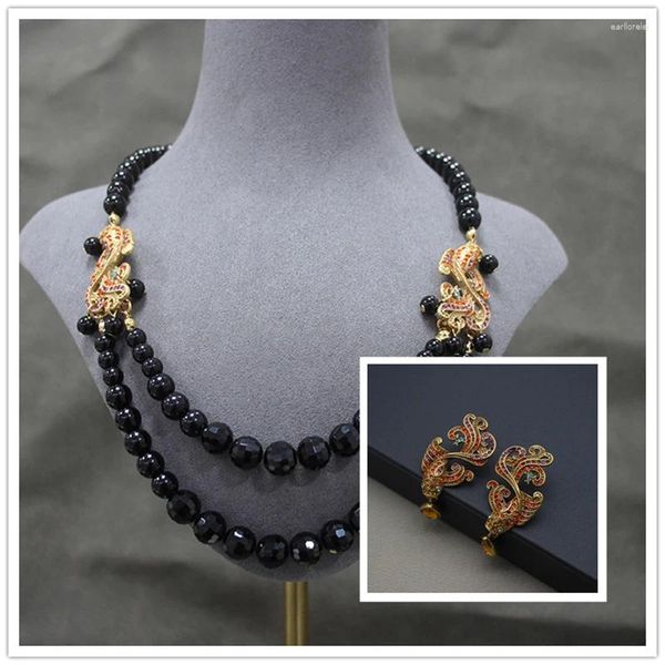 Collana di orecchini set vintage doppio strato perline di smalto viola orecchino di pesce dorato donna lusso elegante cristallo con strass completo