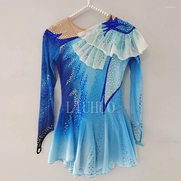 Bühnenkleidung Blaue Farbe Eiskunstlaufkleid Langarm Damen Tanz Strass Performance für den Wettbewerb