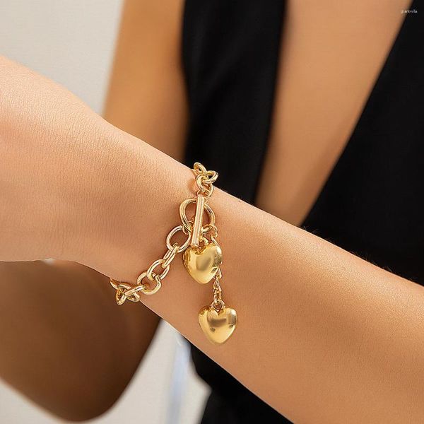 Link Armbänder IngeSight.Z Vintage Metall Pfirsich Herz Anhänger Armband Für Frauen Männer Punk Gold Farbe OT Schnalle Dicke Kreuz Kette