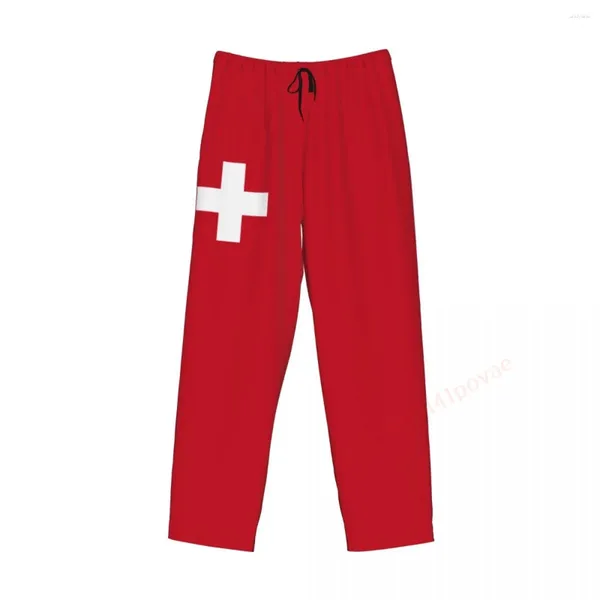 Herren-Nachtwäsche, Schweiz-Flagge, 3D, lässige Pyjamahose, Kordelzug, Taschen, Schlafhose, 2024, männlich, bedruckt, lockere, gerade Hose