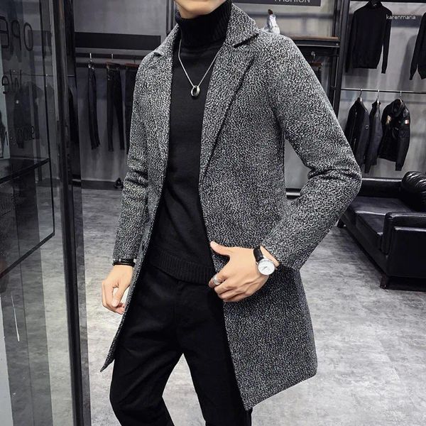 Herrenjacken Dicke Jacke mit Wolle und Baumwolle Langer Wollmantel für Herbst Winter Koreanischer Stil Jugend Slim Fit Warme Oberbekleidung