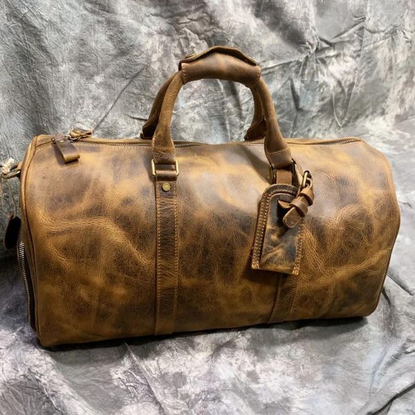 Seesäcke, Vintage-Ledertasche für Herren und Damen, vollnarbiges Rindsleder, groß, für Reisen, Fitnessstudio, Sport, Übernachtung, Weekender, groß