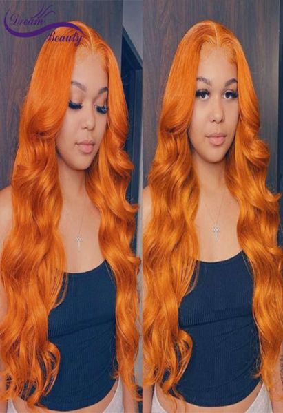 Orange Ingwer Farbe 13x6 vorne vorgezupft brasilianisches gewelltes Echthaar ohne Kleber 180 Dichte Remy Lace Frontal Perücken2659586