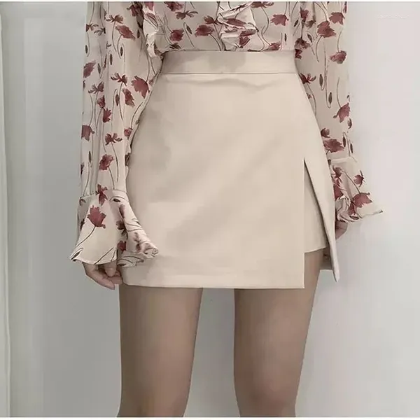 Saias lksk mini saia feminina irregular cor sólida lado split elástico moda coreana ol cintura alta curta primavera outono