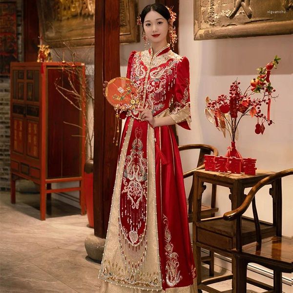 Ethnische Kleidung Yourqipao Chinesisches Xiuhe Antikes Hochzeitskleid Frauen Toast Abendkleider Braut Verlobung Cheongsam Sets