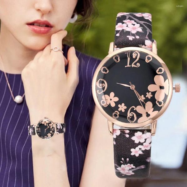 Armbanduhren Luxus Quarzuhr Frauen Retro Weibliche Uhren Damen Mode Geprägte Blumen Gedruckt Gürtel Armbanduhr Montre Femme 2024