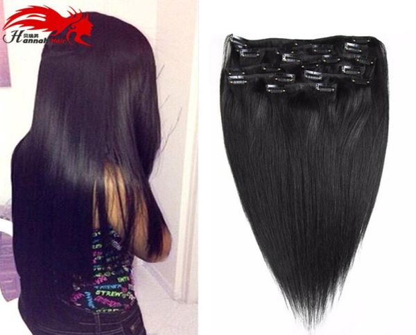 Hannah cabelo virgem brasileiro clipe reto em extensões de cabelo humano 20 polegadas cabeça cheia 1b preto macio remy grampo de cabelo humano em extens3683464