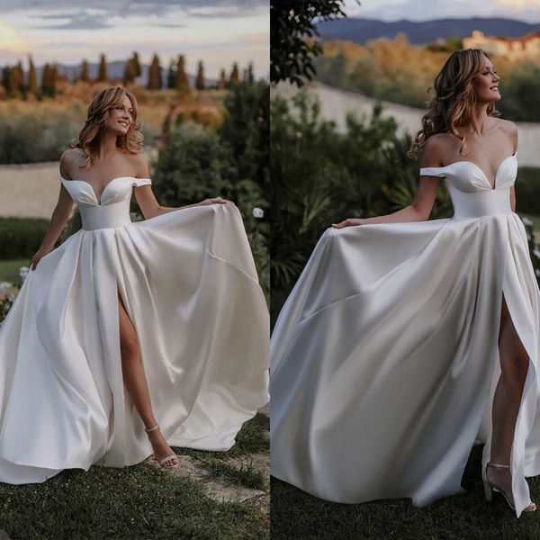 Boho Satin A Line Abito da sposa con spalle scoperte Manica corta Estate Principessa Abiti da sposa Abiti da sposa