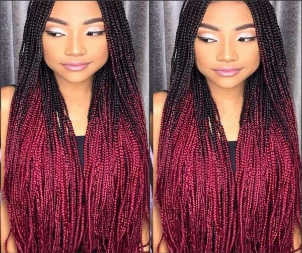 Longa caixa artesanal tranças peruca micro trança peruca dianteira do laço ombre vermelho sintético trança peruca de cabelo para áfrica preto women1493217