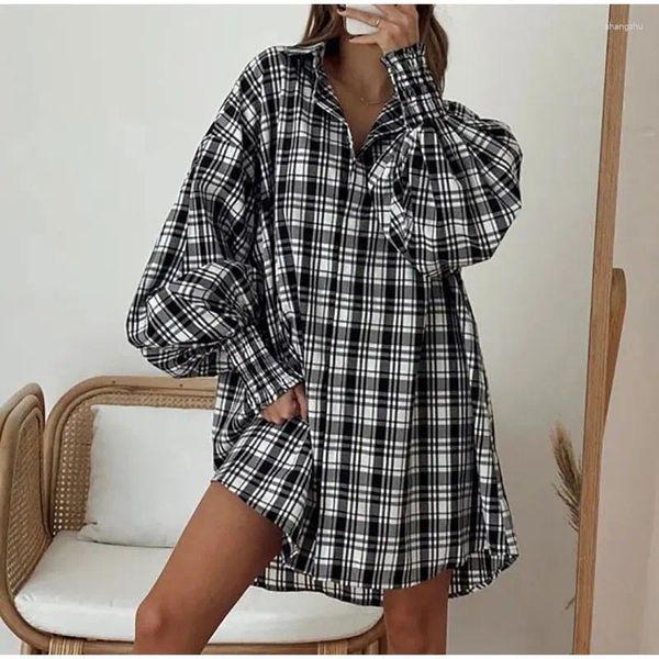 Abiti casual Donna Camicia scozzese lunga con maniche a lanterna Abito autunno bavero Oversize Mini camicie larghe femminili Streetwear