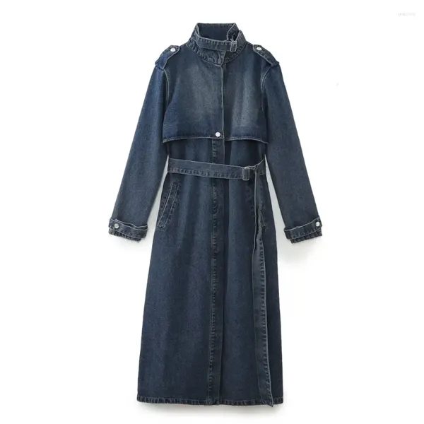 Trench da donna 2024 Autunno Moda Retro Casual Versatile Stand Up Neck Cintura Avvolto lungo cappotto di jeans