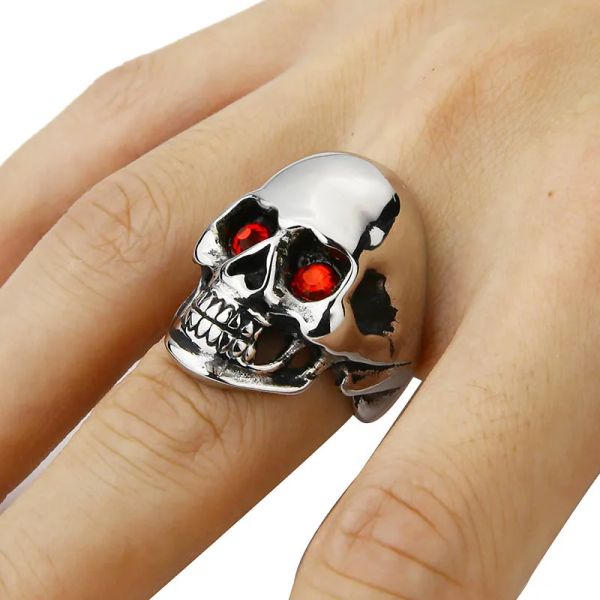 Massiver Herren-Totenkopf-Ring, Gothic-Punk, Biker-Reiter, rote/blaue Augen, Vintage-Stil, 14 Karat Weißgold, Skelett-Fingerband, Herrenschmuck