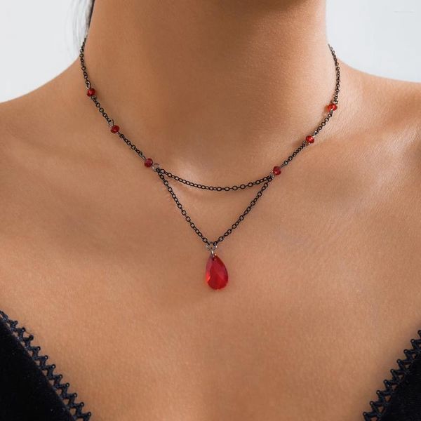 Ожерелья с подвесками IngeSight.Z, готическое двухслойное ожерелье с красными каплями воды и кристаллами для женщин, сексуальная металлическая цепочка на ключицу