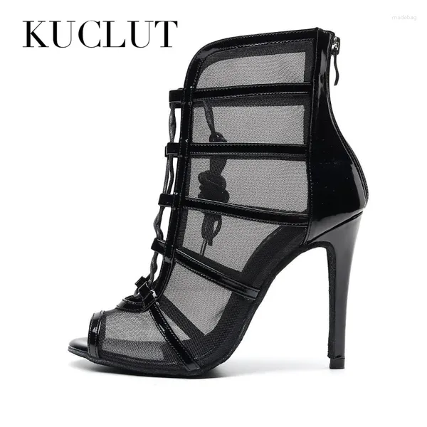 Sandalen Damen Kreuzgebundene Latin-Tanzschuhe Schwarz Salsa Ballsaal Tanzstiefel Damen Peep Toe Mesh Party High Heel