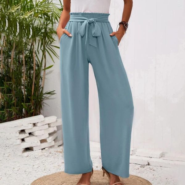 Calças femininas carga para mulheres verão perna larga lightweiht cintura laço solto calças casuais com bolso feminino sweatpants