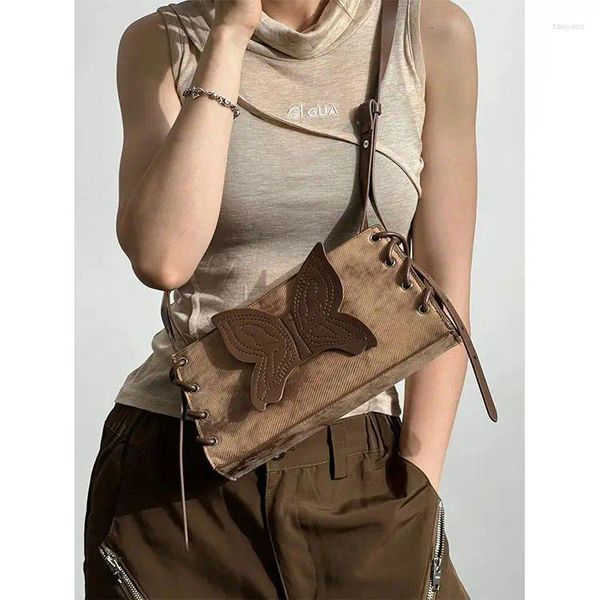 Sacos de noite Jiaerdi Borboleta Y2K Bolsa Mulheres Vintage Grunge Fairycore Canvas Casual Crossbody Feminino Retro Brown Messenger Bag