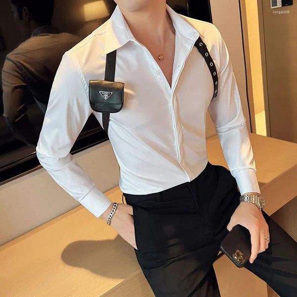 Camicie casual da uomo Camicia a pieghe da uomo con papillon smoking Nero Bianco Elegante per feste di matrimonio Club Slim Fit