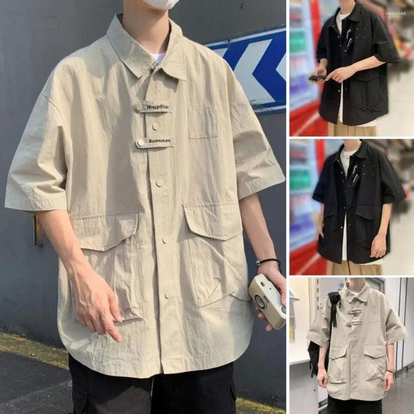 Camicie casual da uomo Camicia da uomo a due tasche Mezza manica Streetwear Top Coat Vestibilità ampia monopetto con grandi tasche Traspirante