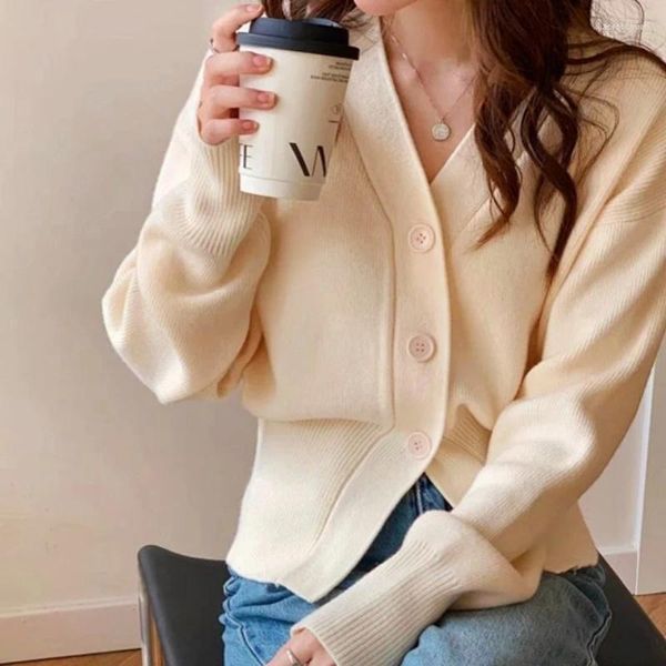 Malhas femininas francês suave branco com decote em v de malha cardigan roupas femininas outono/inverno manga longa camisola casaco casual sólido topos sueter