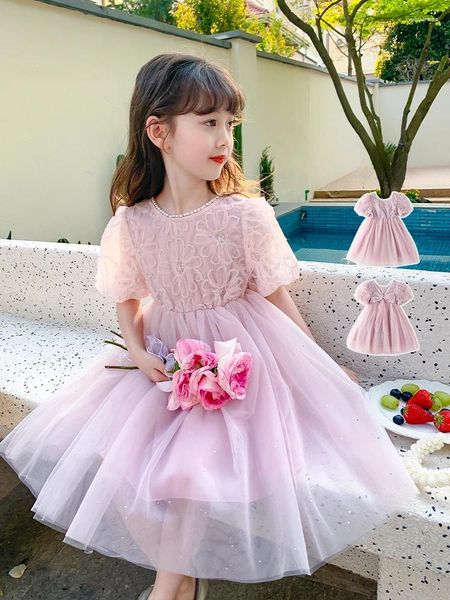 Kız Elbise Çiçek Çocuklar İçin Kıyafetler Yaz 2024 Yaramaz Moda Puf Şerh Prenses O-Neck Bowknot Pembe Sevimli Tatlı Gündelik