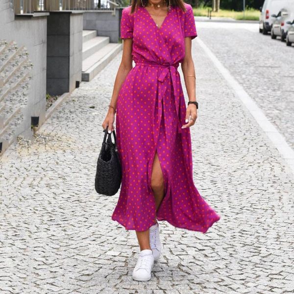 Vestidos casuais profundo decote em v vestido de verão senhoras férias polka dot impresso gravata cintura manga curta boho fenda longo feminino robe