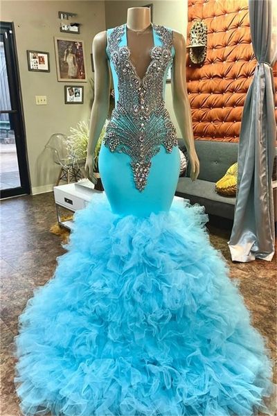 Eleganti abiti da ballo blu da ballo blu scintillanti di cristallo di diamante strass per perline per perle a strati per la festa di compleanno abito da sera Vestidos