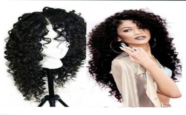 Moda natural preto longo kinky encaracolado cabelo cheio barato perucas dianteiras do laço sintético cabelo do bebê fibra resistente ao calor perucas de renda macia bla8048715