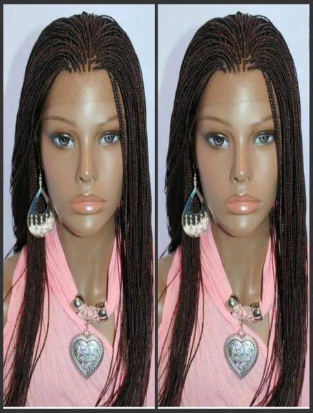 África estilo feminino micro trançado peruca dianteira do laço marrom escuro cor caixa trança peruca sintética trançada perucas parte com cabelo do bebê 5468954