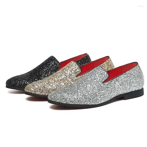 Sapatos de vestido mocassins masculinos novidade conforto glitter lantejoulas casamento casual festa noite andando sapatos prata ouro queda espumante