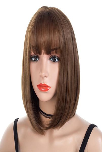 Perucas curtas marrons bob estilo reto sintético preto feminino peruca com franja 12 polegadas cabelo macio peruca loira 8942943