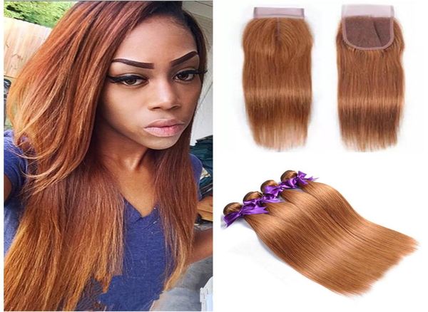 Couleur 30 faisceaux de cheveux avec fermeture en dentelle cheveux raides Auburn clair 3 faisceaux avec fermeture en dentelle cheveux humains vierges malaisiens Straigh3059734